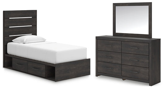 Hollivern Twin Panel Bed with Storage with Mirrored Dresser