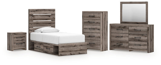Graystorm Twin Panel Bed with Storage with Mirrored Dresser, Chest and Nightstand