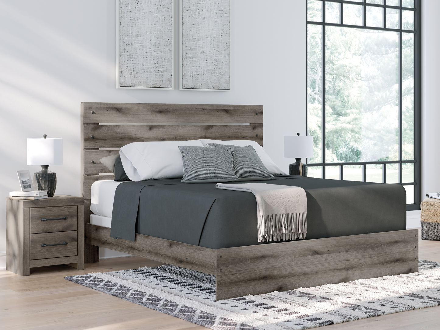 Graystorm King Panel Bed with Mirrored Dresser and Nightstand