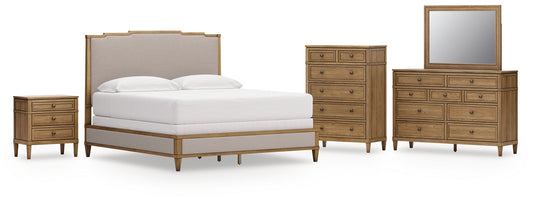 Sharlance King Upholstered Panel Bed with Mirrored Dresser, Chest and Nightstand